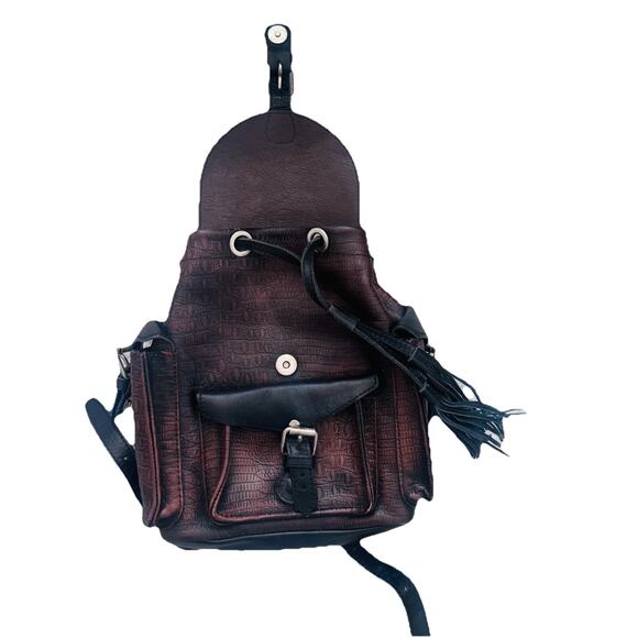 Freebird by Steven Brett Leather Backpack Croco-Embossed Drawstring - Picture 5 of 8